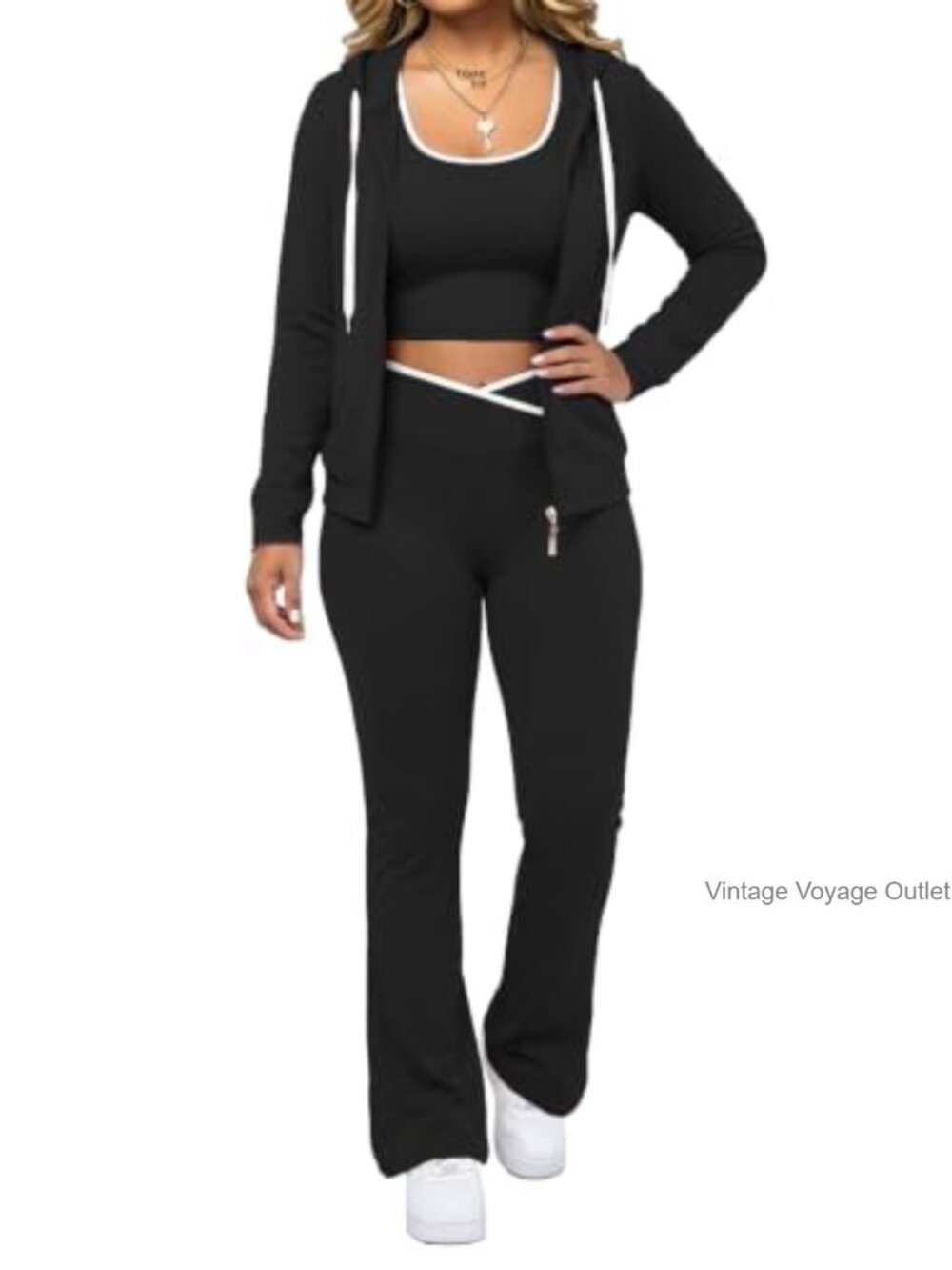 3 Piece Set Zippered Hooded Jacket Crop Top Flared Pants Spandex Blend Athletic